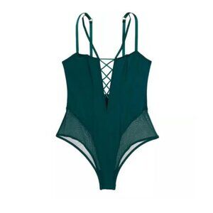 New! Victoria’s Secret Lace-Up Corset Teddy Lingerie Ivy Green S 47380